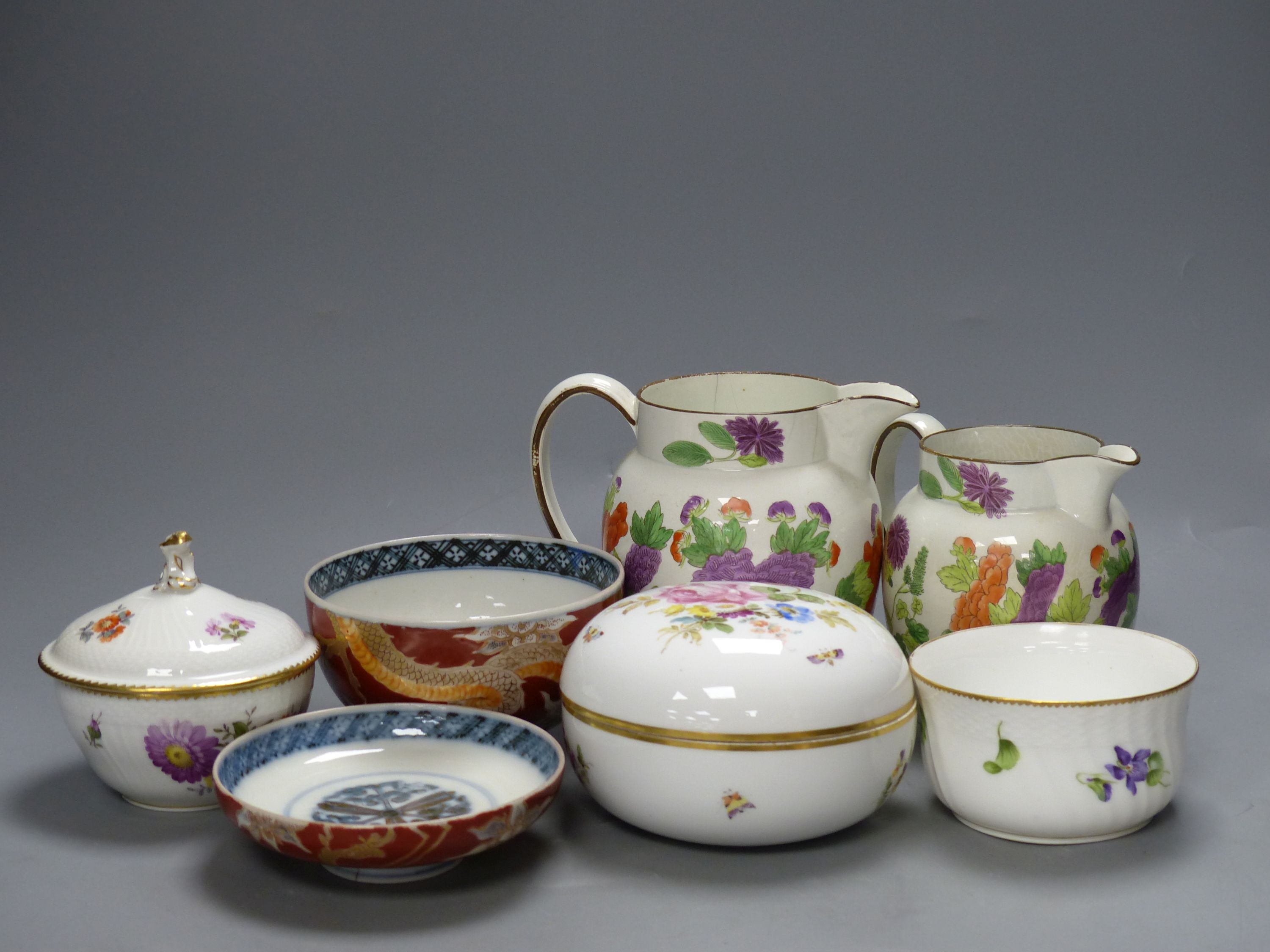 Two Wedgwood jugs, a Meissen box and cover, Royal Copenhagen sucrier, an Imari bowl and Cover etc.